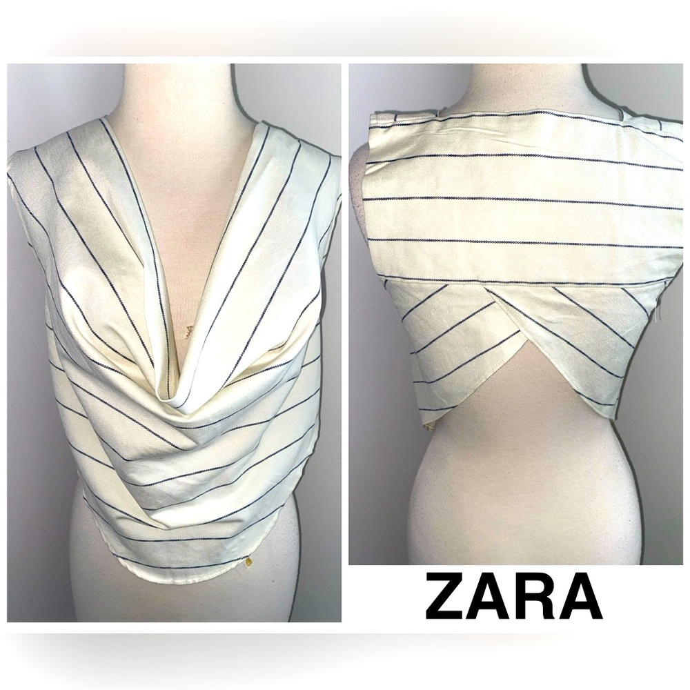 ZARA Cream and Navy Striped Draped Crop Top - Size S - NEW